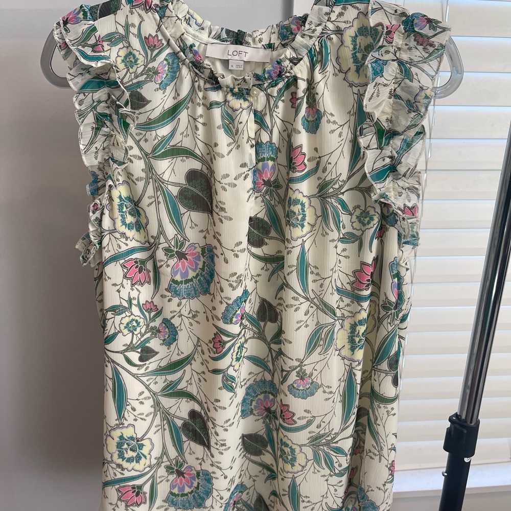 LOFT Cream Floral Ruffled Neck Blouse with Teal & Pink Accents